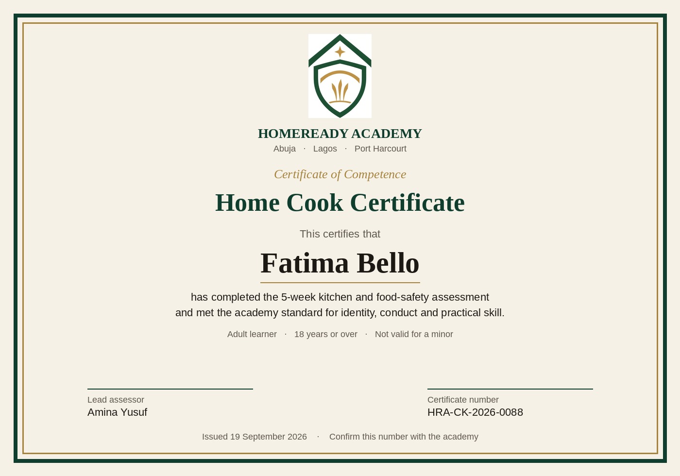 Home cook certificate for Fatima Bello, number HRA-CK-2026-0088