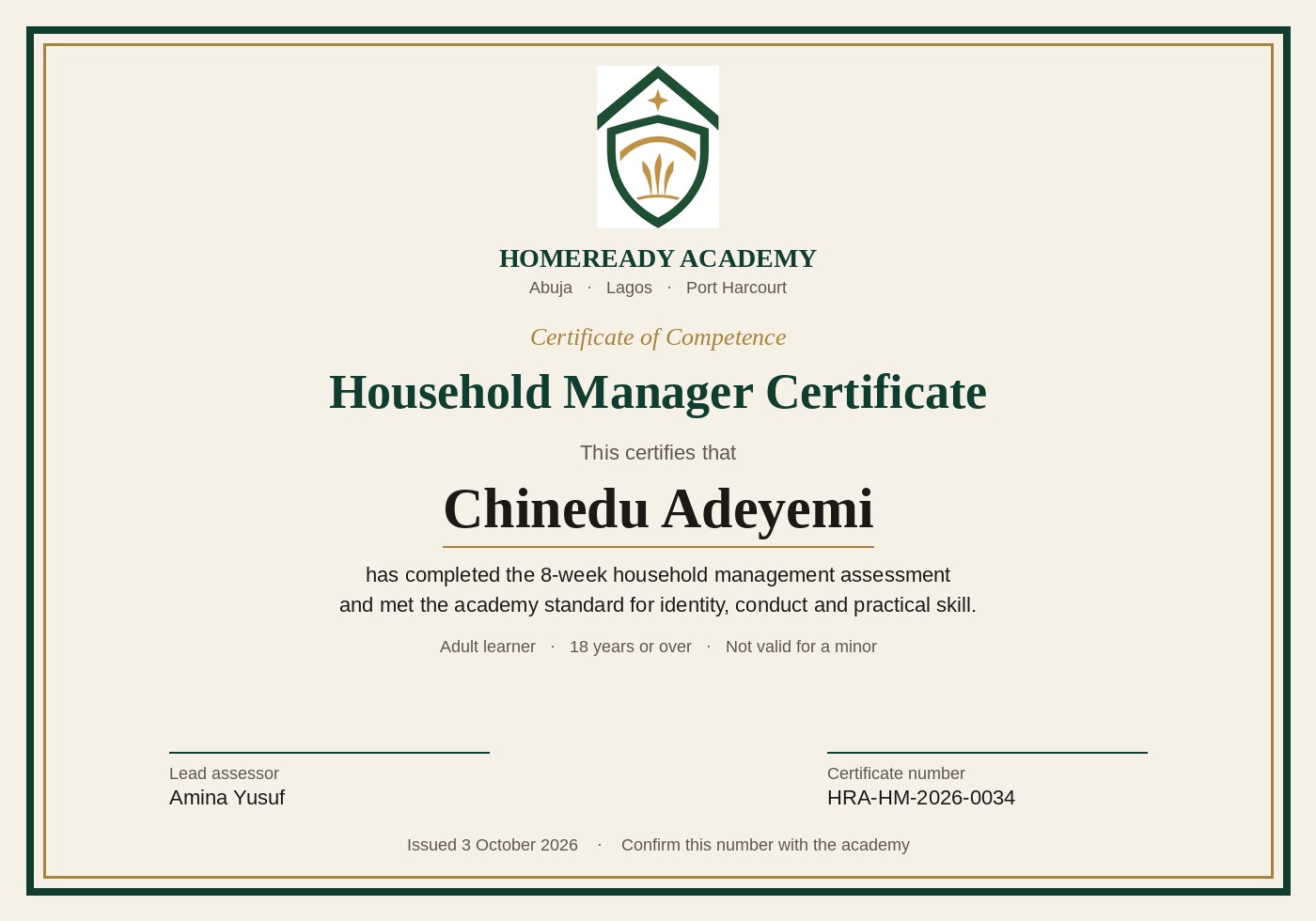 Household manager certificate for Chinedu Adeyemi, number HRA-HM-2026-0034