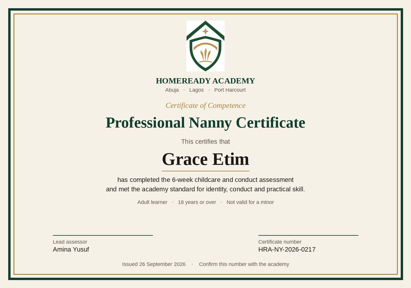 Nanny certificate for Grace Etim, number HRA-NY-2026-0217