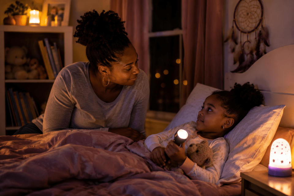 A Black caregiver with a Black child at bedtime