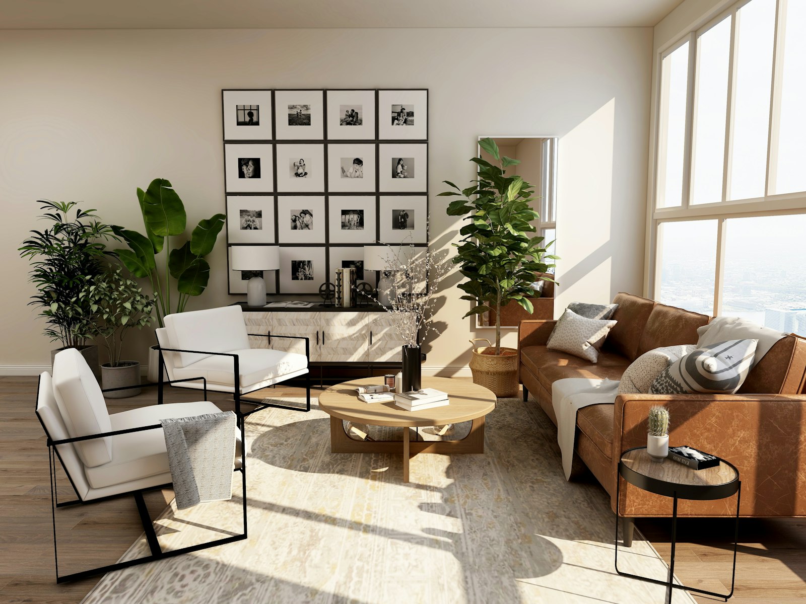 A light, tidy living room ready for the day