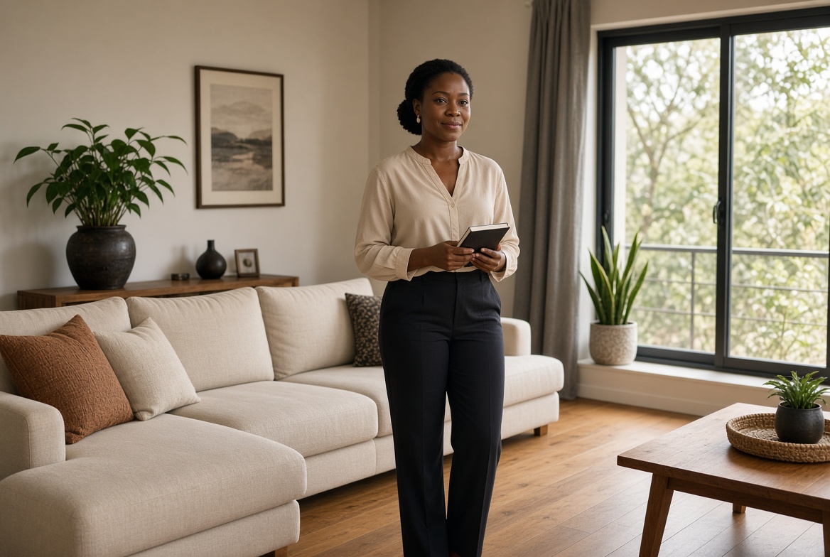 A Black woman standing in a living room interior